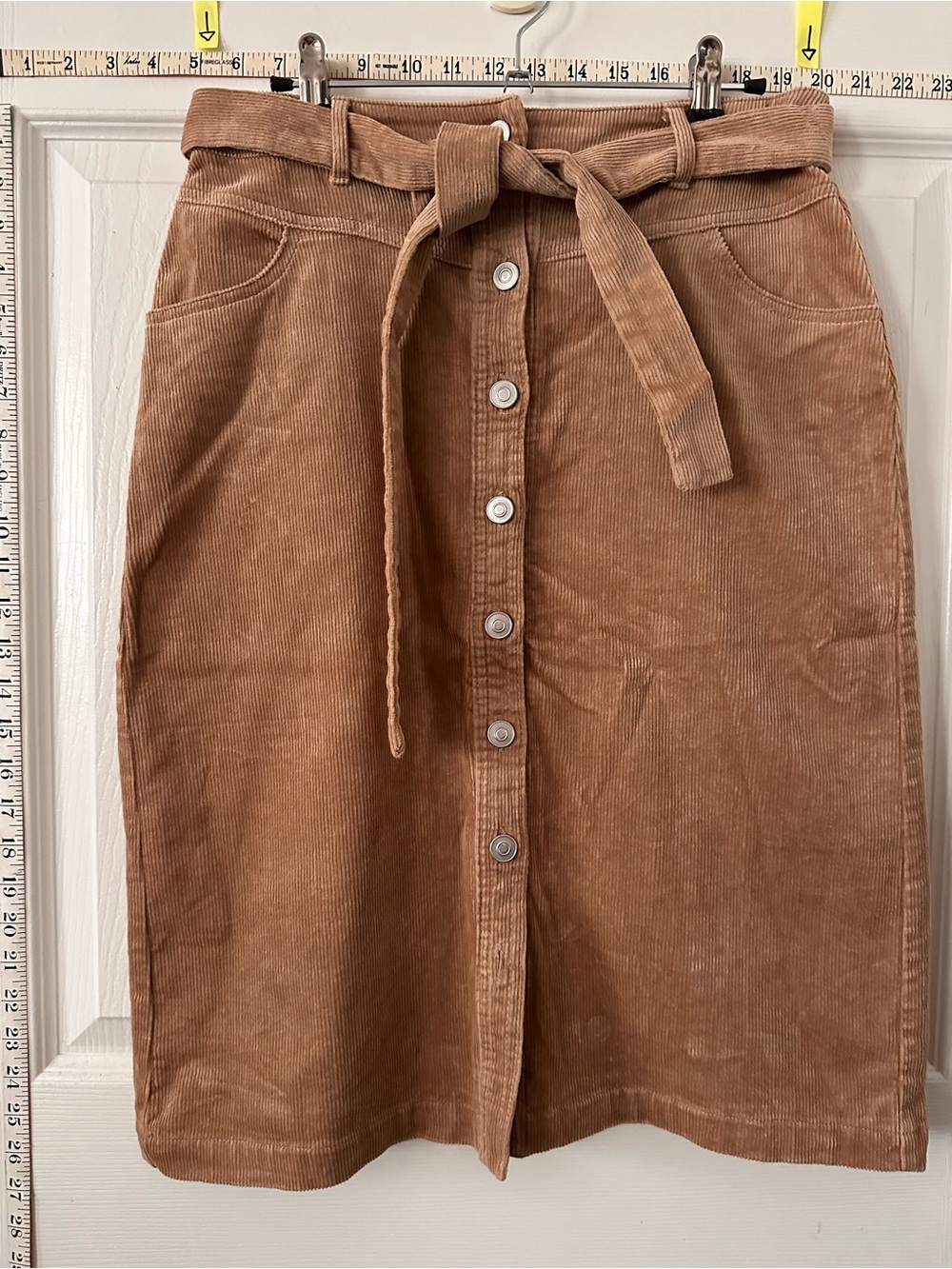 Love Tree Camel Corduroy Button-Front Tie-Waist Midi Skirt